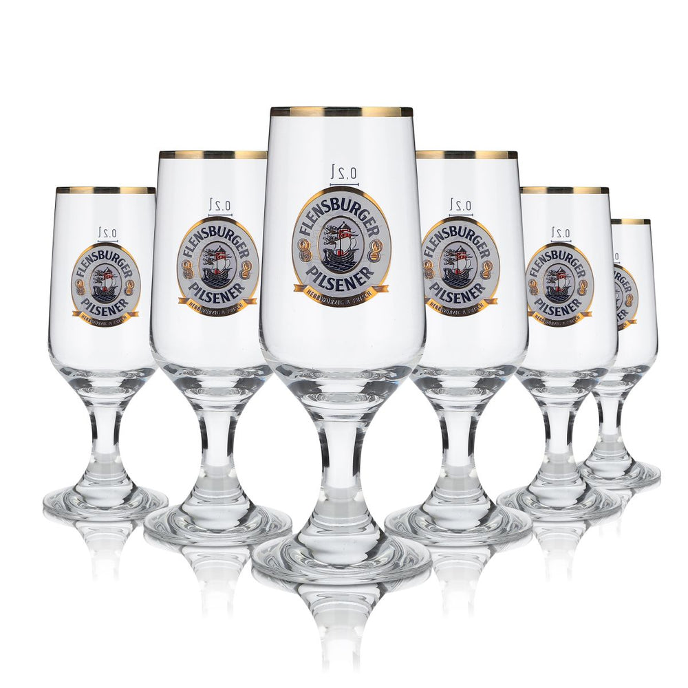 6x Flensburger Glas 0,2l Pokalglas Pilstulpe Goldrand Gläser Set Brauerei