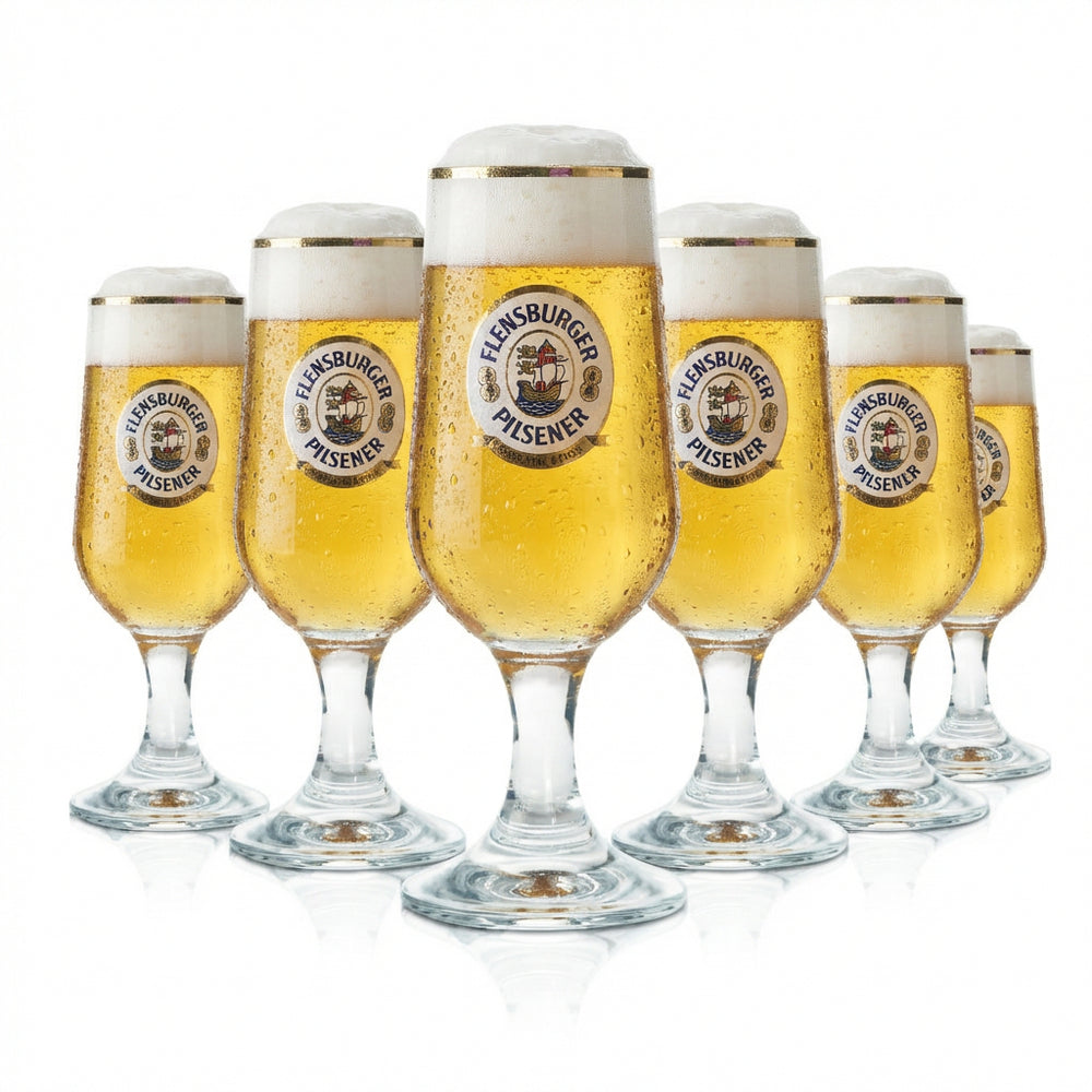 6x Flensburger Glas 0,3l Pokal Tulpe Goldrand Gläser Geeicht Gastro Fries Pils