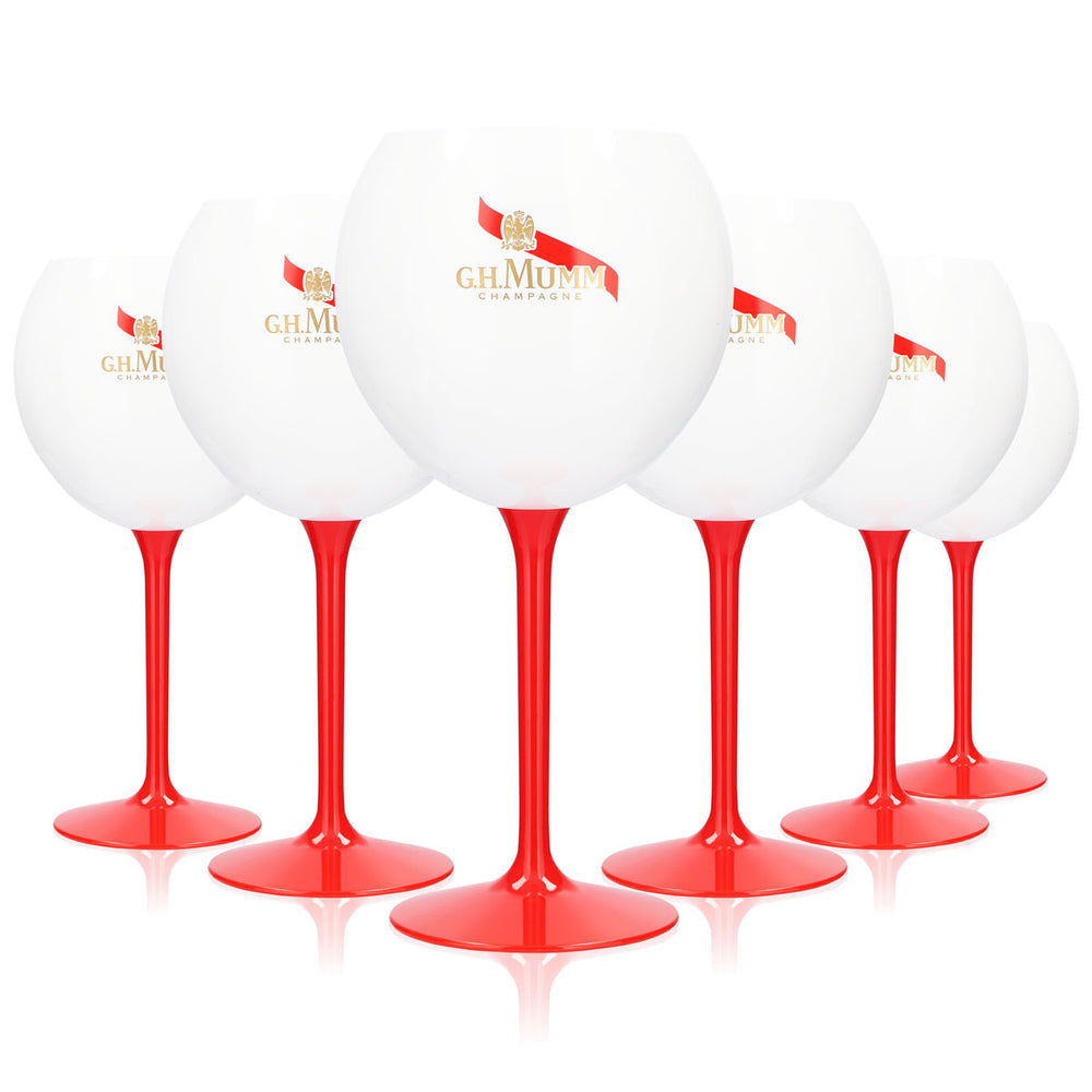 6x G.H. Mumm Sekt Acryl Glas 0,62l Ballonglas Champagner Weiß roter Stiel