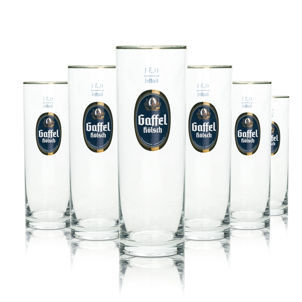 6x Gaffel Bier Glas 0,3l Kölsch Stange Becher Goldrand Gläser Köln Pils Beer Bar
