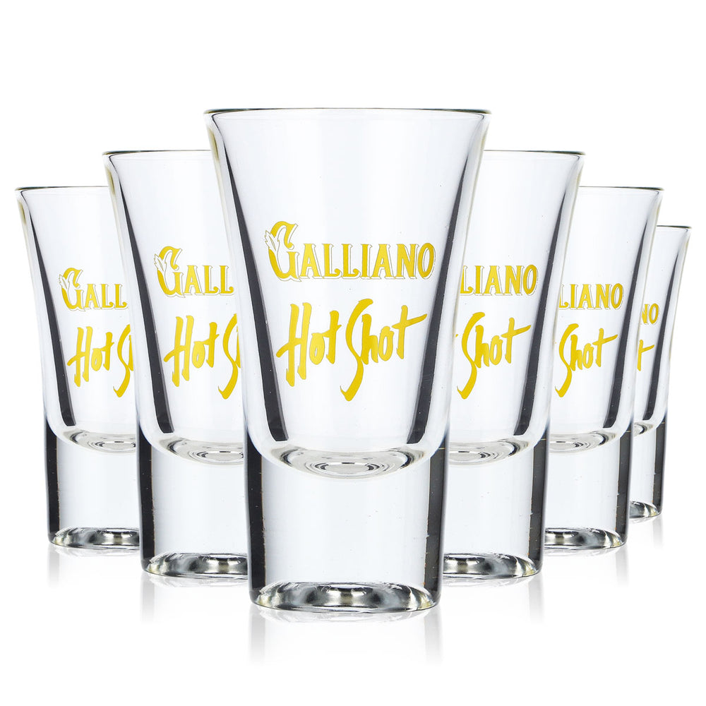 6x Galliano Likör Glas Shotglas Stamper gelbe Schrift "Hot Shot"