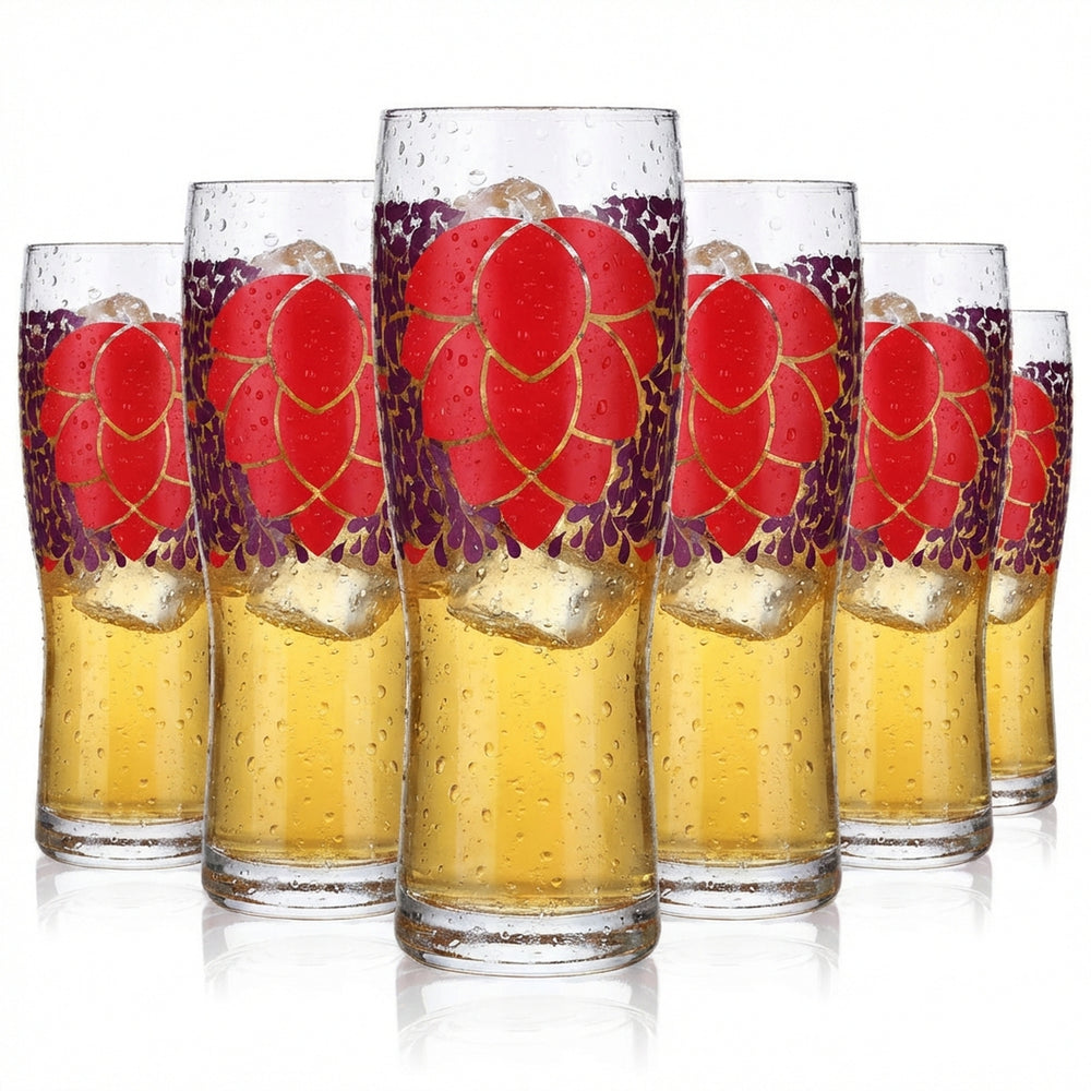 6x Glas 0,5l Biergläser Longdrinkglas farbig Becher Lila Motiv Blume Logo
