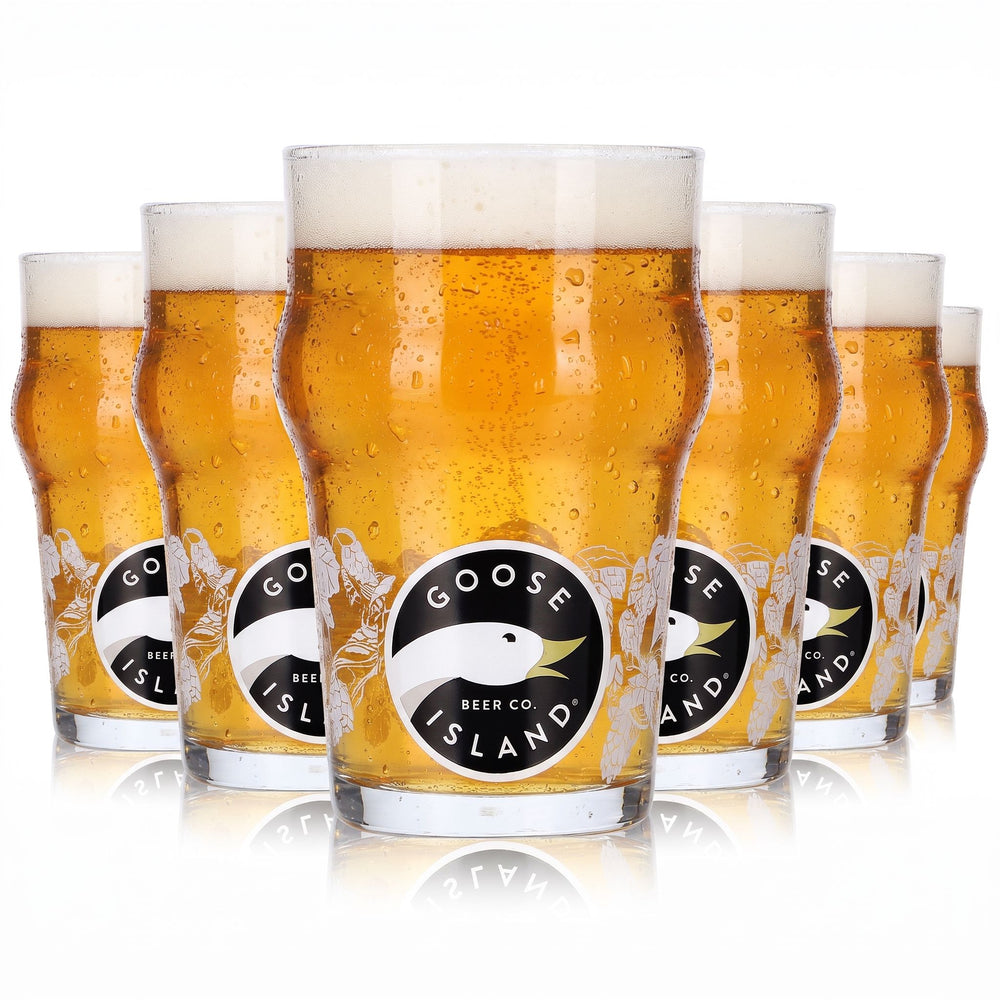6x Goose Island Bier Glas 0,25l Longdrink Gans Logo Nuss-Motiv Weiß Sahm