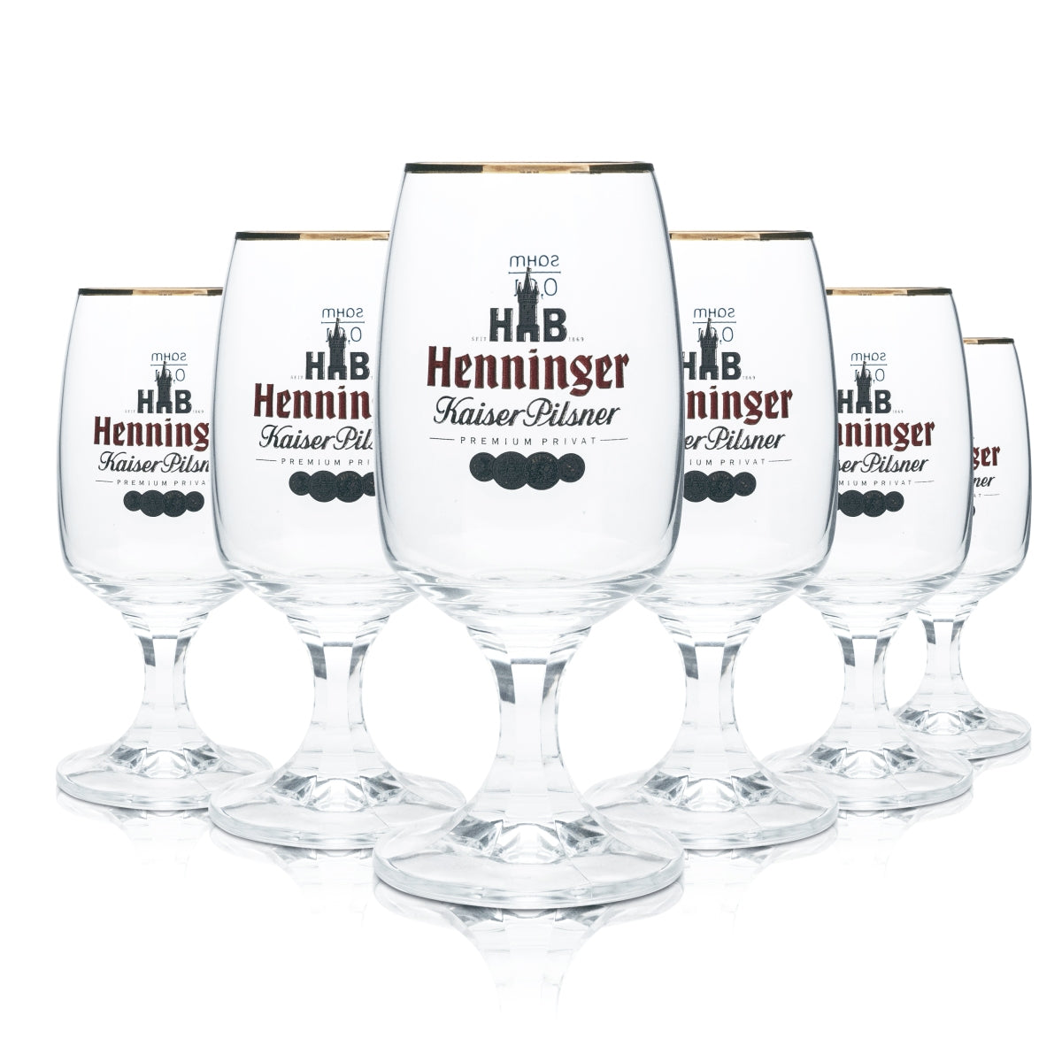 6x Henninger Bier Glas 0,3l Pokal Tulpe Bronzerand Gläser Kaiser Pils Gastro Bar