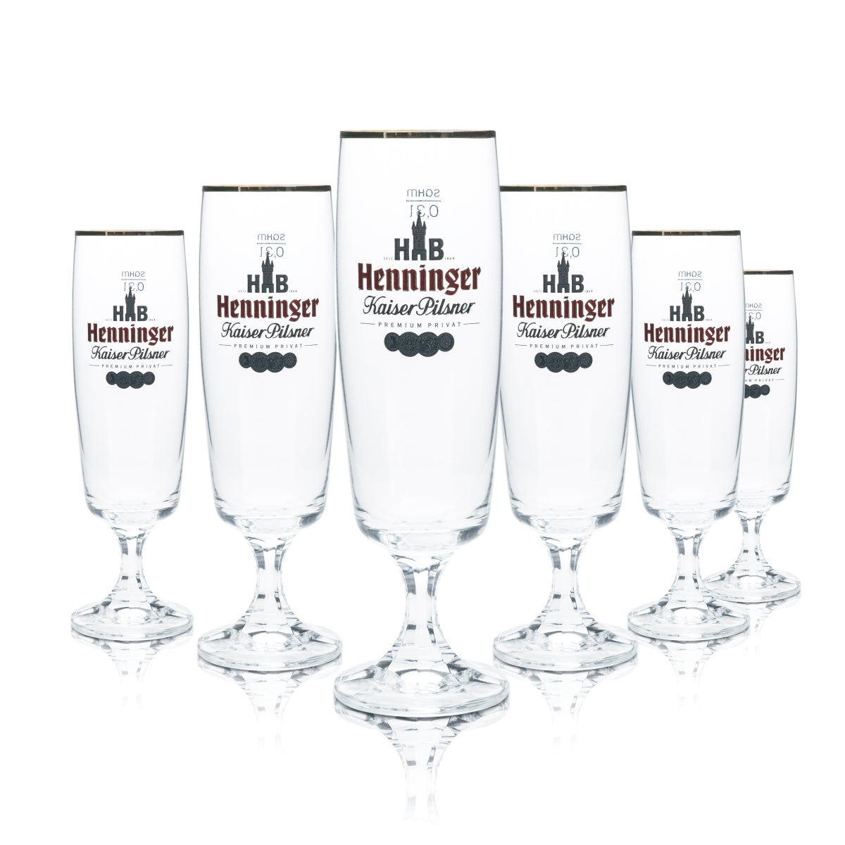 6x Henninger Bier Glas 0,3l Tulpe Pokal Bronzerand Gläser Kaiser Pils Gastro Bar