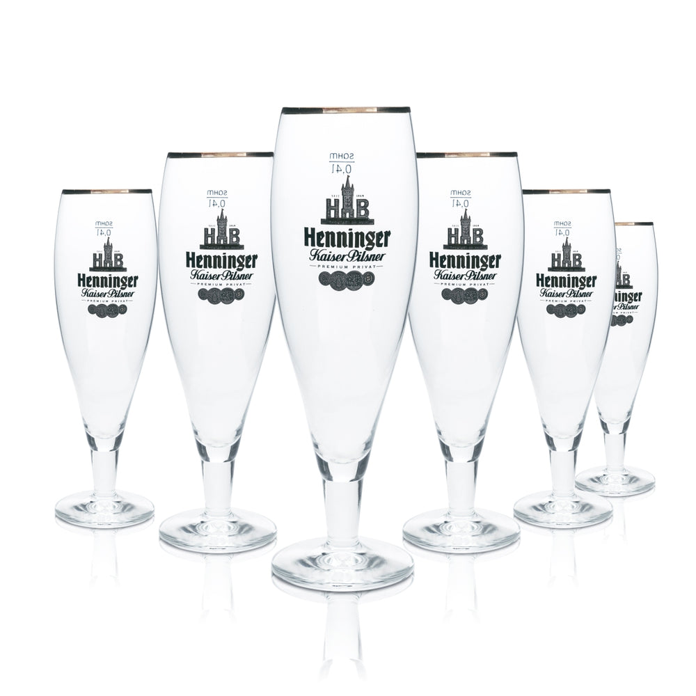 6x Henninger Bier Glas 0,4l Pokal Tulpe Bronzerande Gläser Gastro Brauerei Bräu