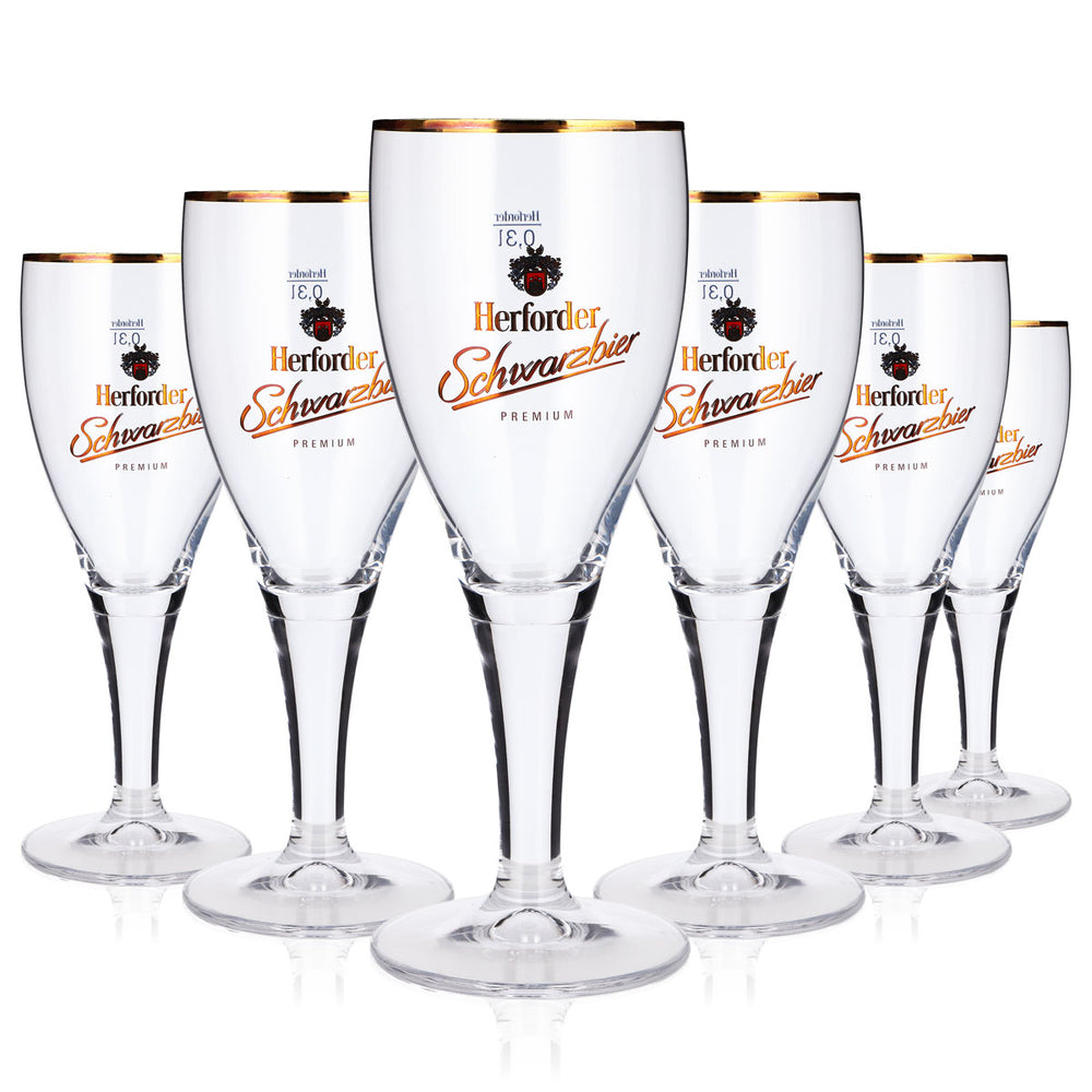 6x Herforder Brauerei Bier Glas 0,3l Kelch Goldrand Schwarubier Pokal