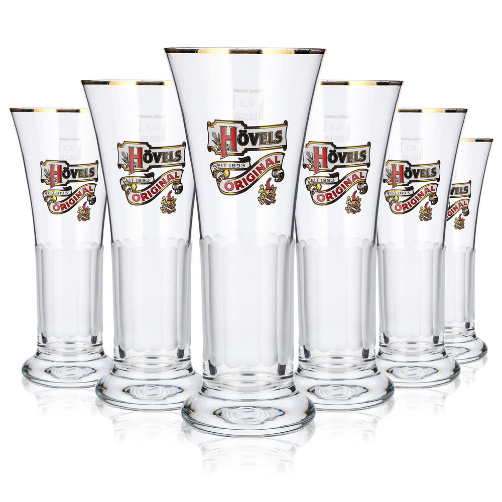6x Hövels Bier Glas 0,3l Pokal Goldrand Relief Frosted