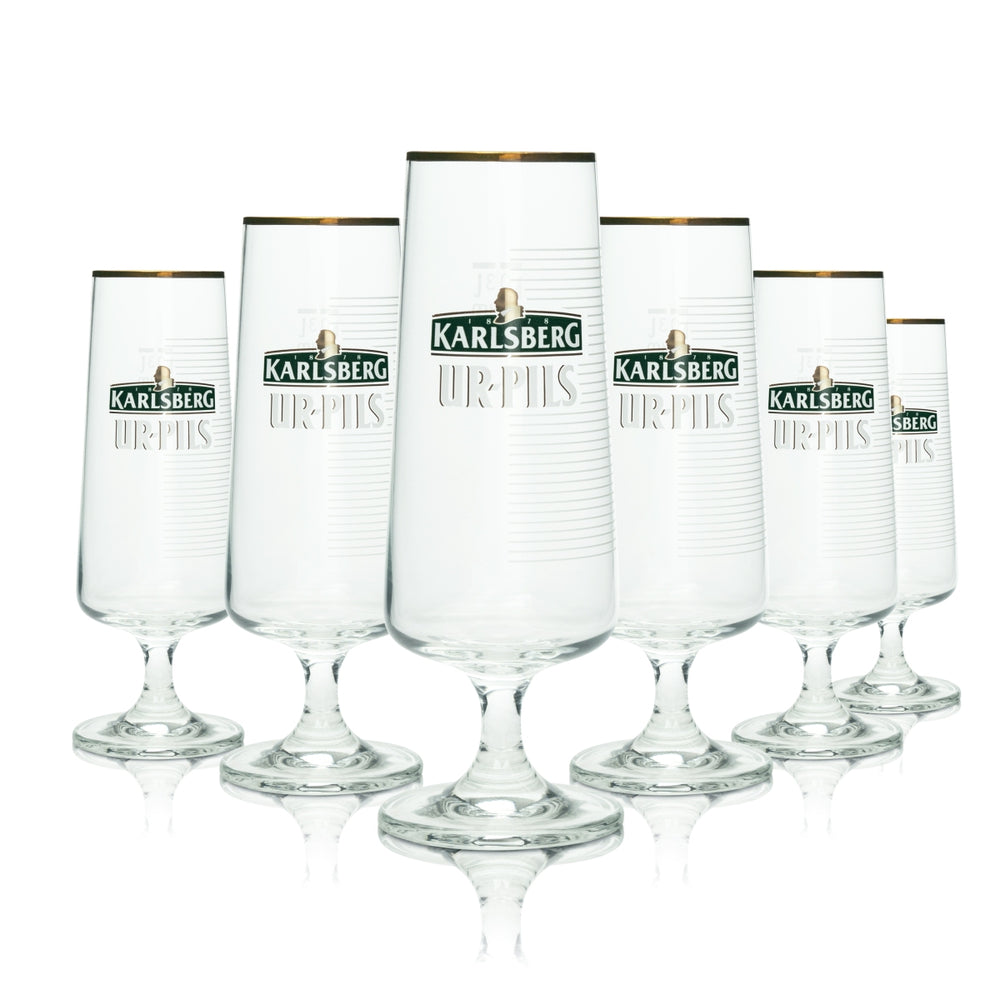 6x Karlsberg Bier Glas 0,3l Urpils Pokal Goldrand Sahm Tulpe Gläser Brauerei Bar