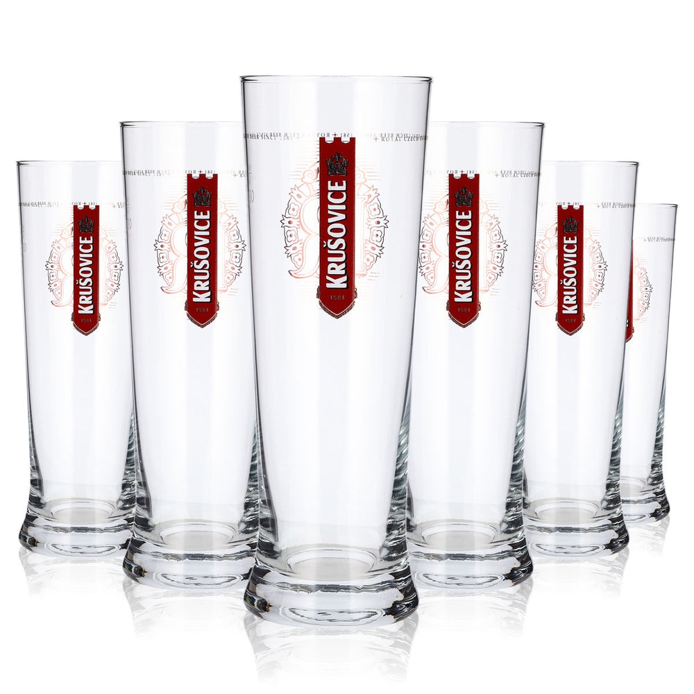6x Krusovice Bier Glas 0,4l Pokal Becher zwei rote Logos Sahm