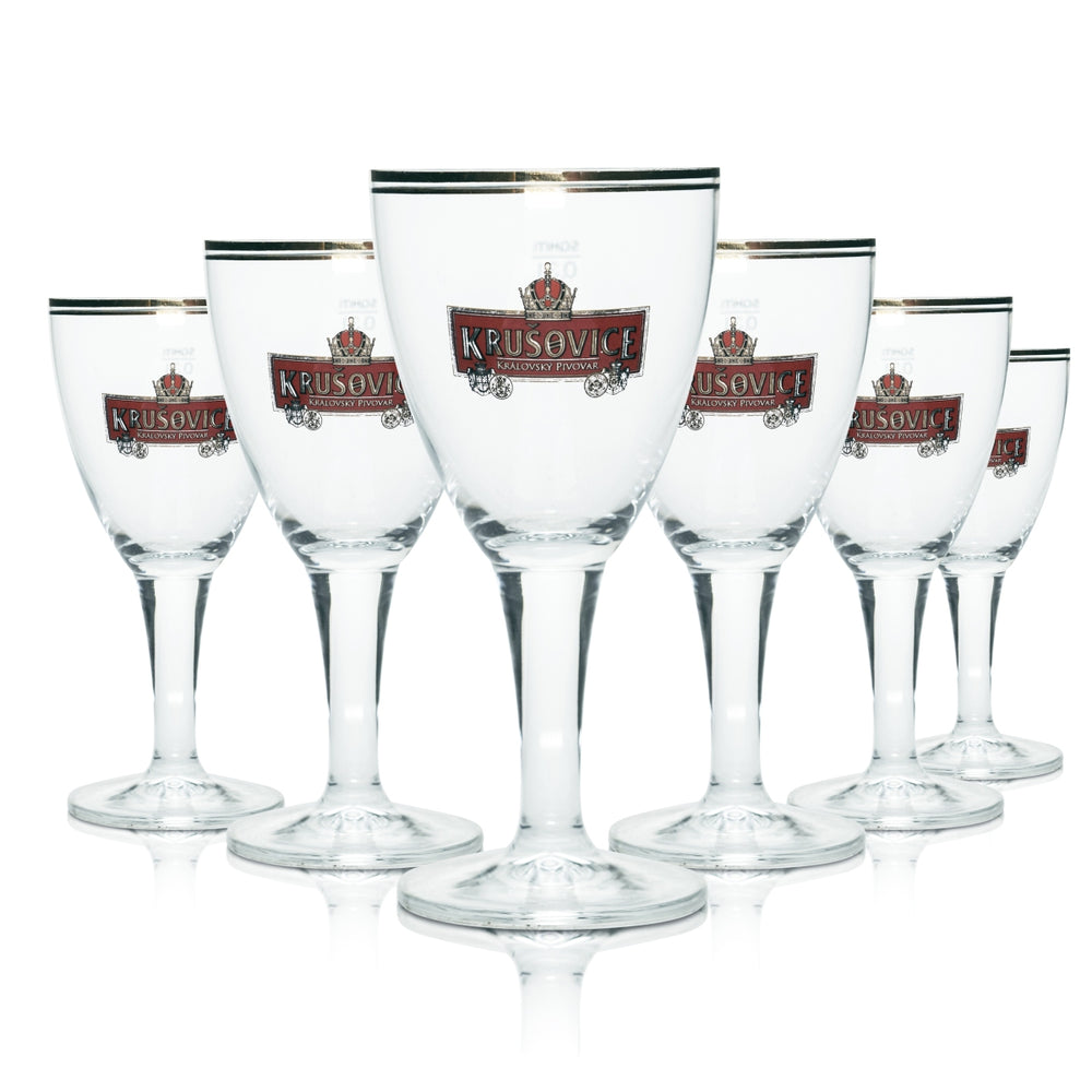6x Krusovice Glas 0,3l Bier Pokal Kelch Gläser Goldrand Czeck Dunkel Schwarzes