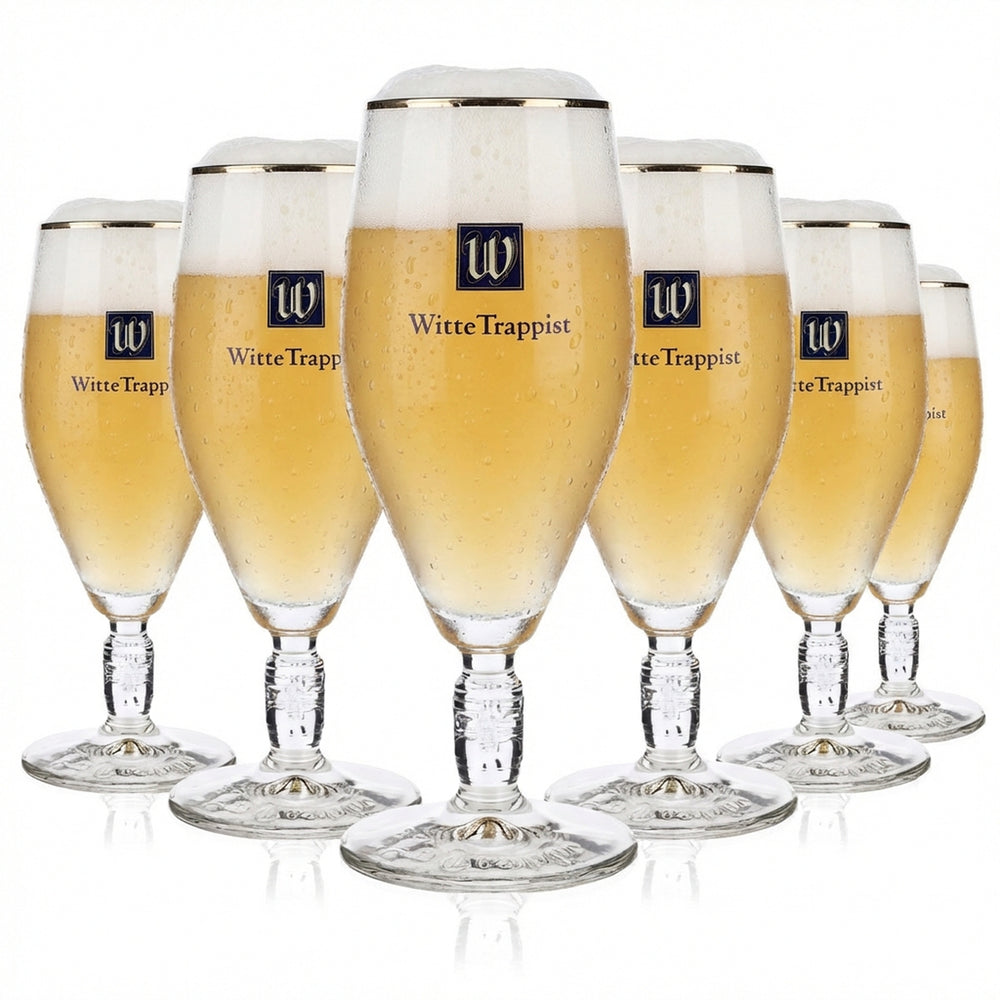 6x La Trappe Bier Glas 0,3l Biergläser Relief im Stiel Pokal Goldrand