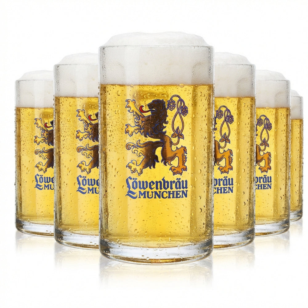 6x Löwenbräu Bier Gläser 0,5l Krug goldener Löwe großes Logo Sahm Moldau