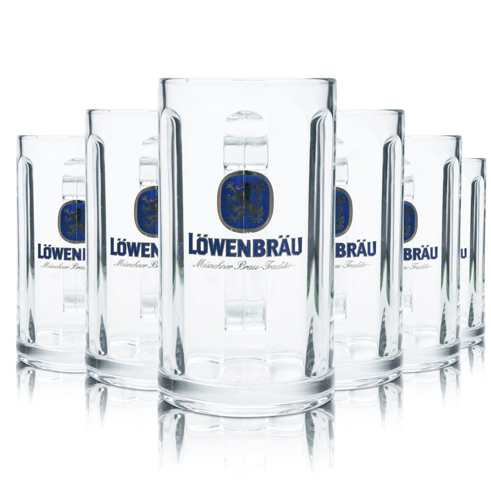 6x Löwenbräu Bierglas 0,5l Konturglas Krug Humpen Seidel Gläser Set B-Ware