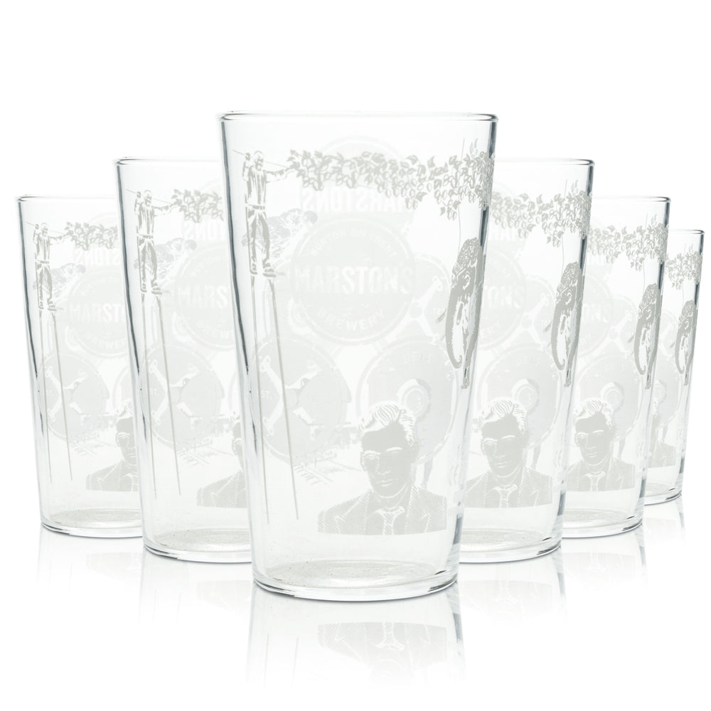 6x Marstons Bier Glas 0,5l Becher Pint Gravur Gläser Englisch Beer Willi Cup