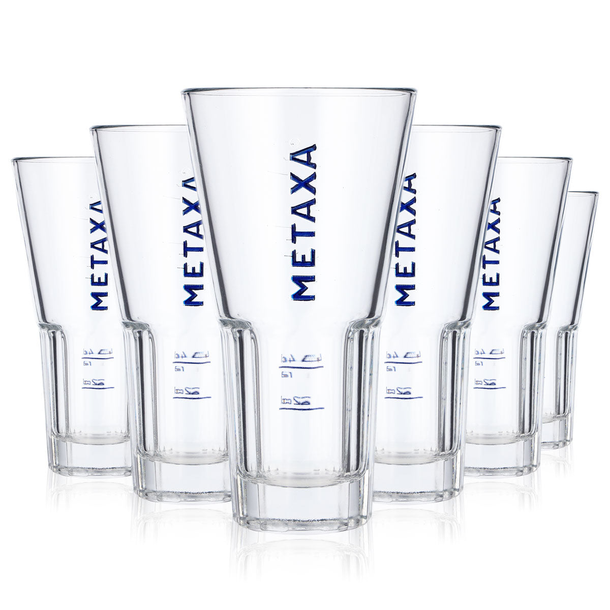 6x Metaxa Weinbrand Glas 0,35l blaue Schrift Longdrinkglas Relief Rastal