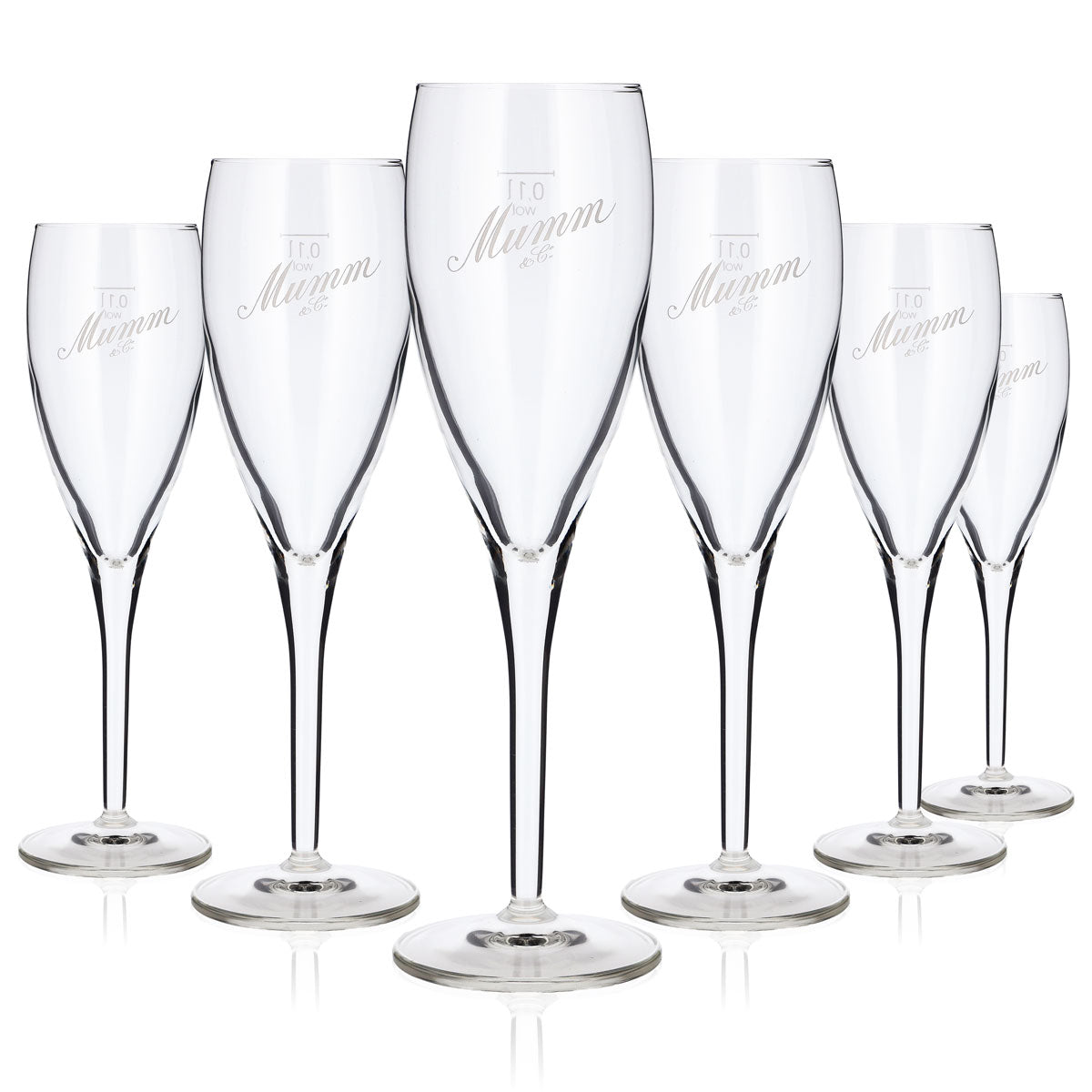 6x Mumm Sekt Champagner Glas Flöte 0,1l weißes schräges Logo Mumm&Co (6er Set)