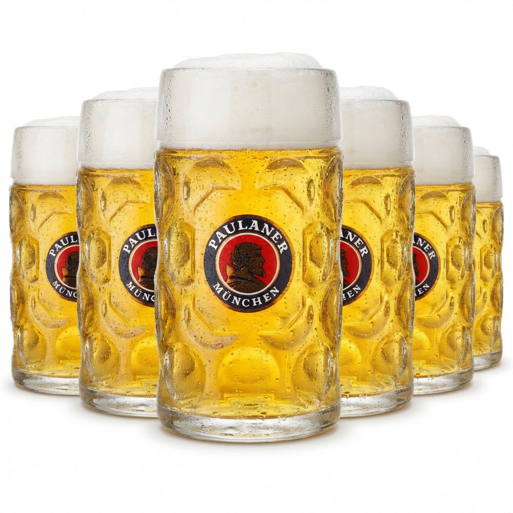 6x Paulaner Maßkrug Bierglas - 1,0l Punktseidel Humpen Gläser Set mit Eichstrich für Gastronomie