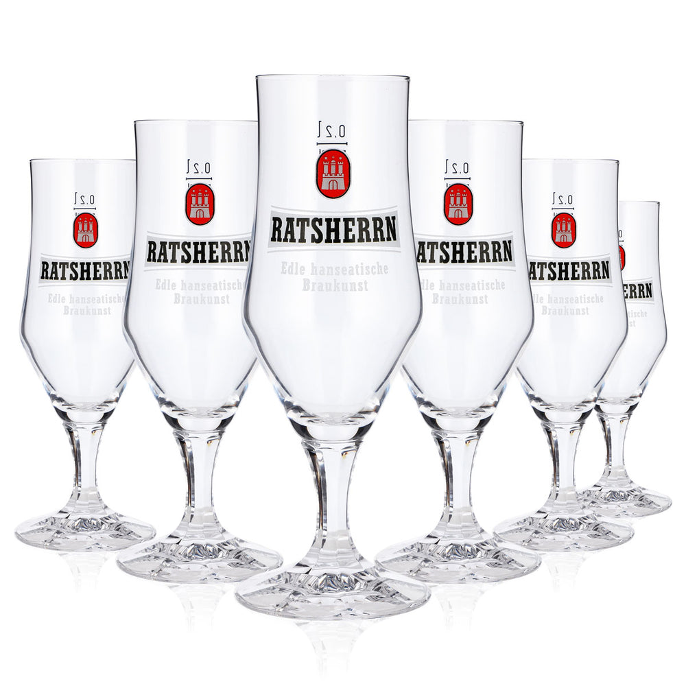 6x Ratsherrn Bier Glas 0,2l Pokalglas eckiger Stiel weißes Logo Rastal (6er Set)