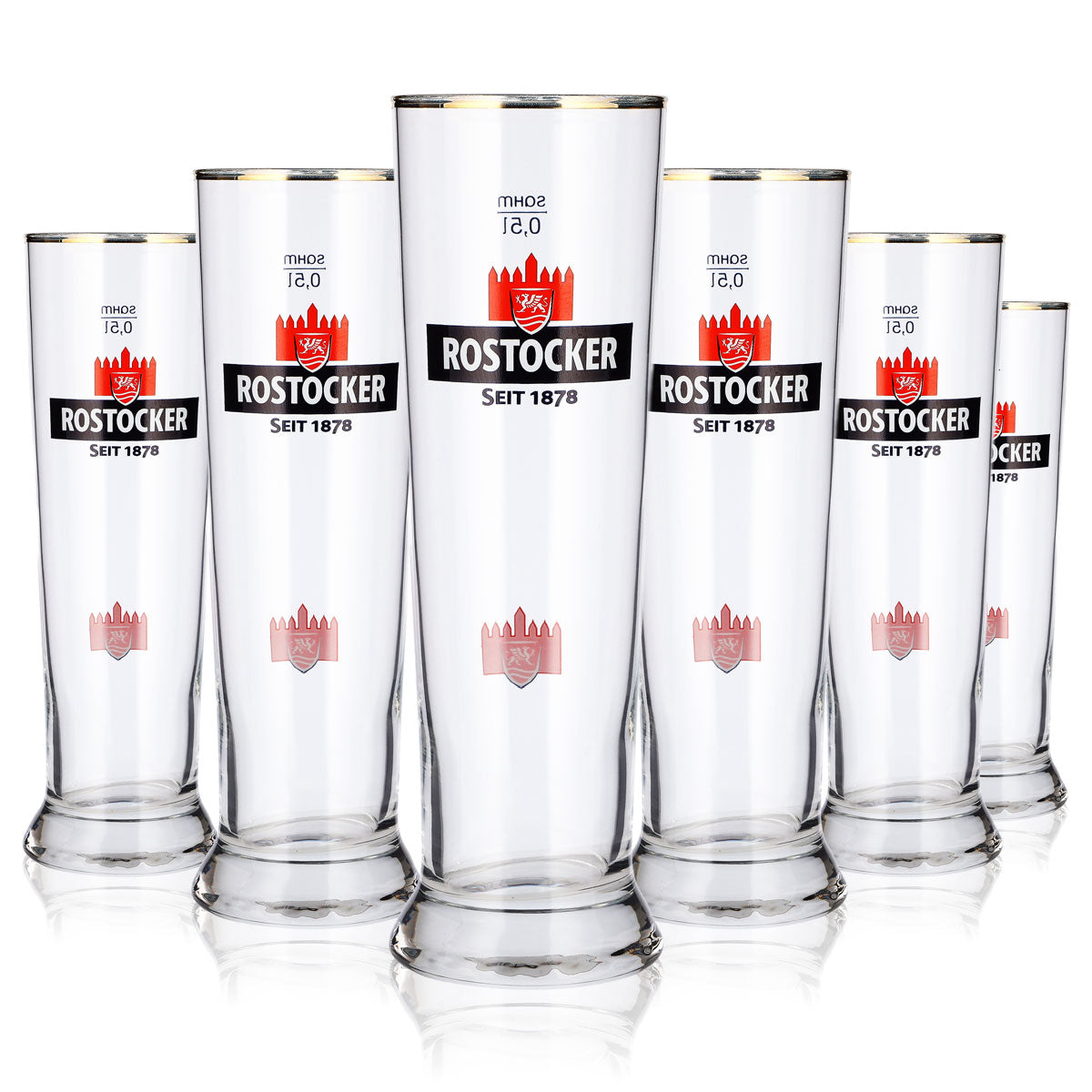 6x Rostocker Bier Glas 0,5l Pokal rotes Burg Logo Goldrand Sahm