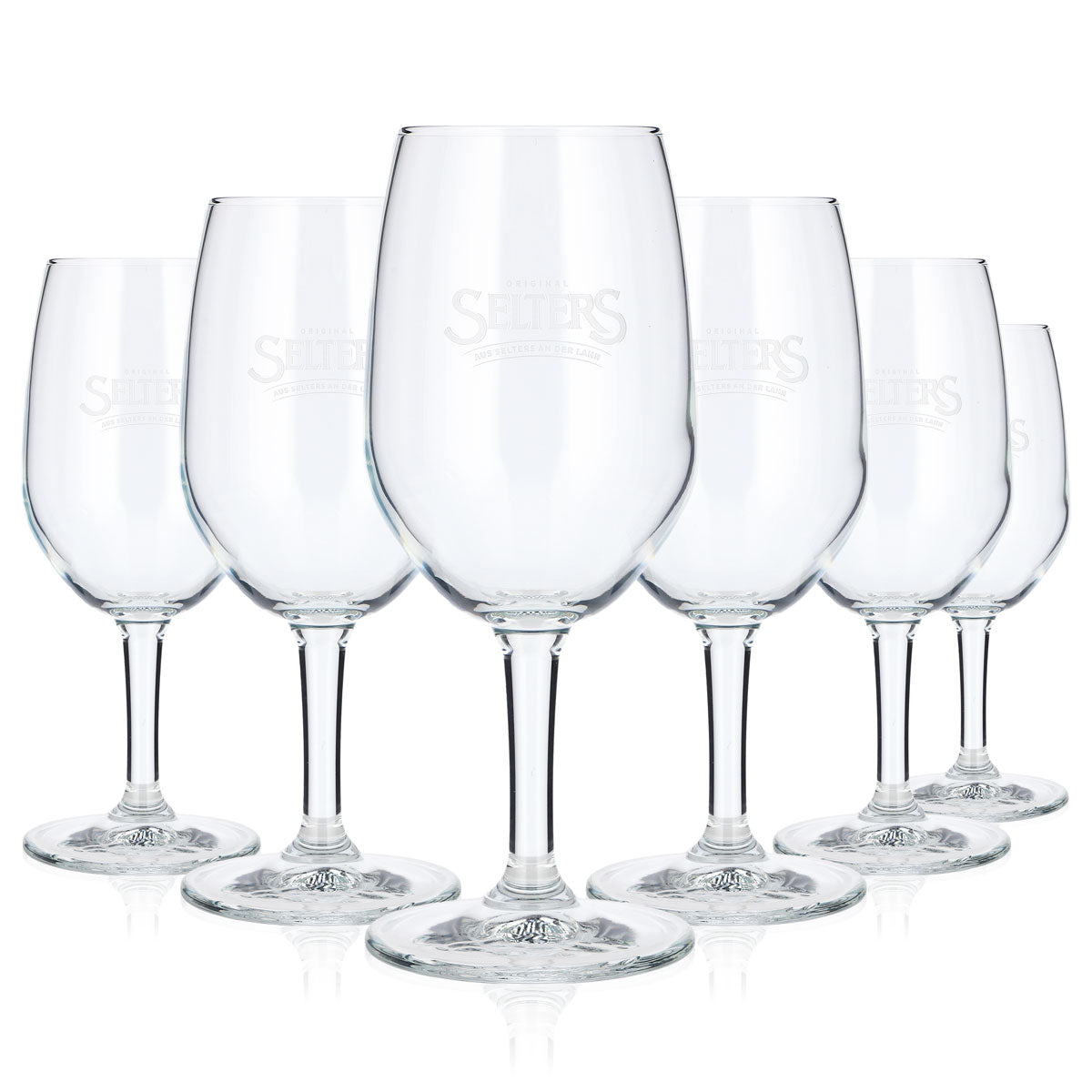 6x Selters Wasser Glas 0,3l Pokal Relief weißes Logo (6er Set)