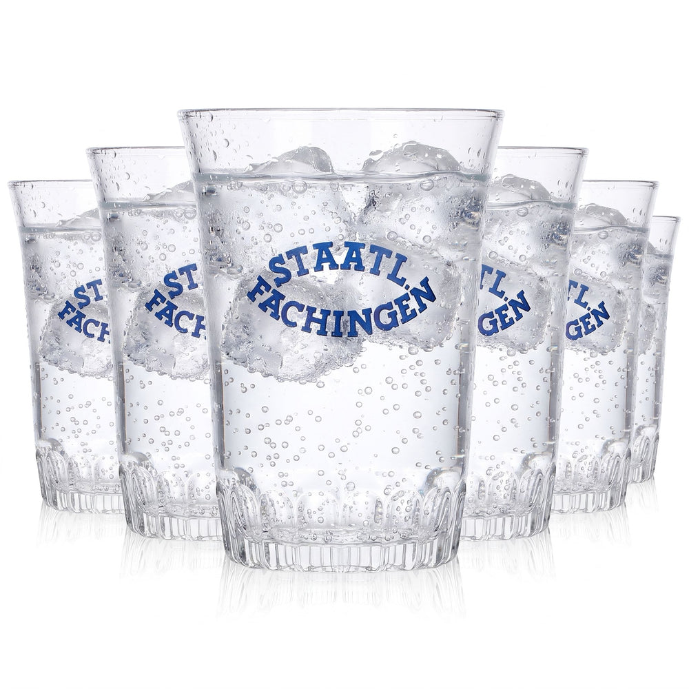 6x Staatl. Fachingen Wasser Glas 0,15l Becher blaues Logo Relief France