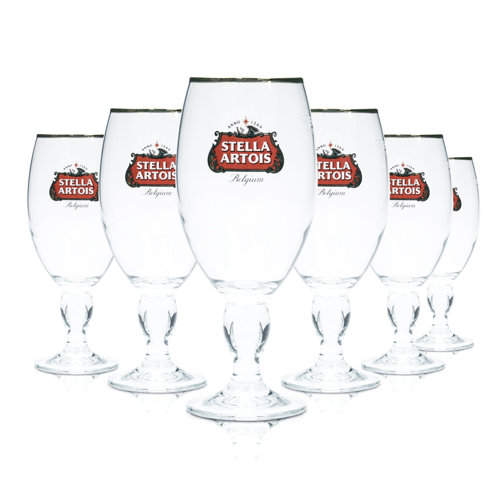 6x Stella Artois Bier Glas 0,33l Pokal Tulpe Cup Goldrand Designstiel Gläser Bar