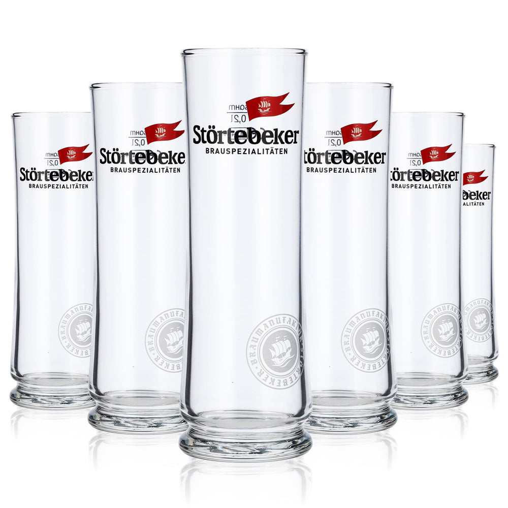 6x Störtebeker Bier Glas 0,2l Becher rundes weißes Logo unten Stiegl-Becher