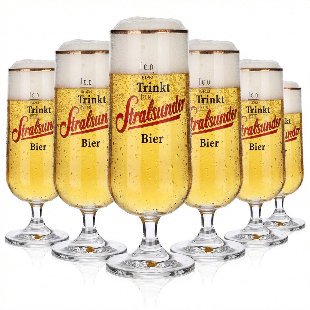 6x Stralsunder Glas 0,3l Goldrand Bier Pokal Gläser Set Pilstulpe Hanse Brauerei