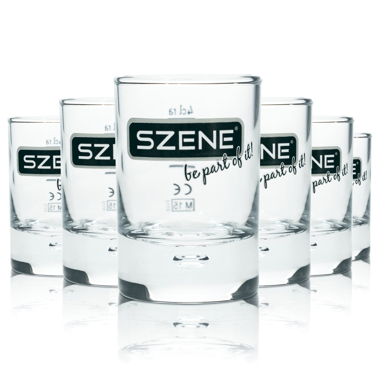6x Szene Glas 4cl Shot Schnaps Rund Stamper Gläser Gastro Eiche Kurze Luftblase