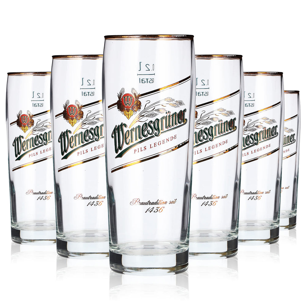 6x Wernesgrüner Bier Glas 0,2l Becher Goldrand Rastal Bierglas Seidel
