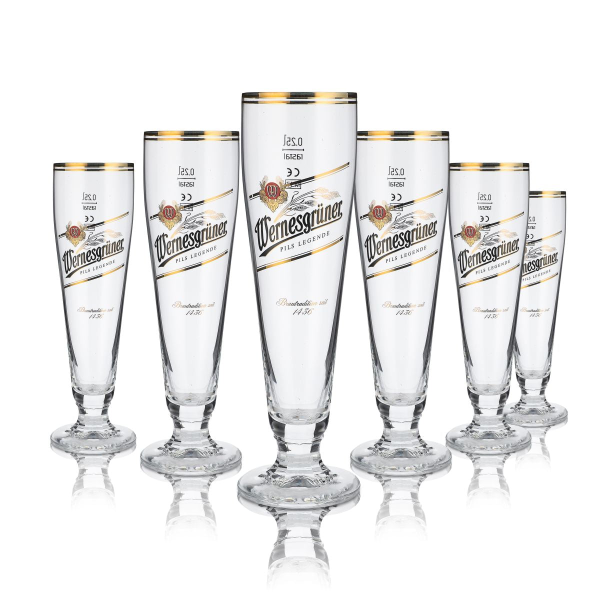 6x Wernesgrüner Glas 0,25l Pokalglas Pilstulpe Goldrand Gläser Set Brauerei