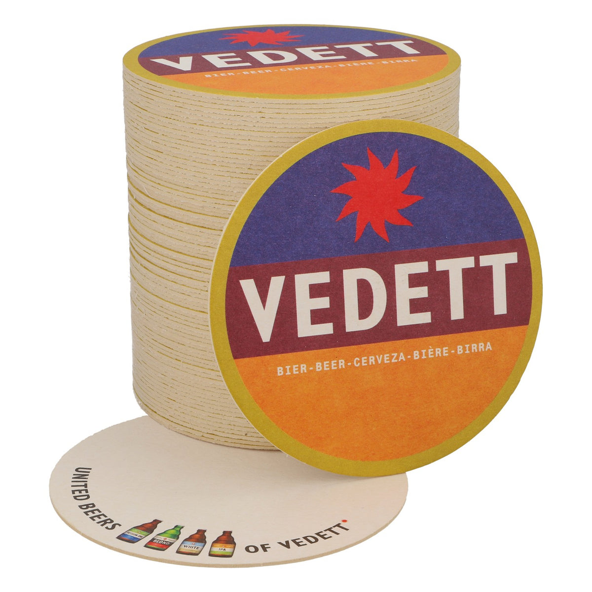 80x Vedett Bier Bierdeckel Untersetzer Glasuntersetzer Blau/ rot/ orange