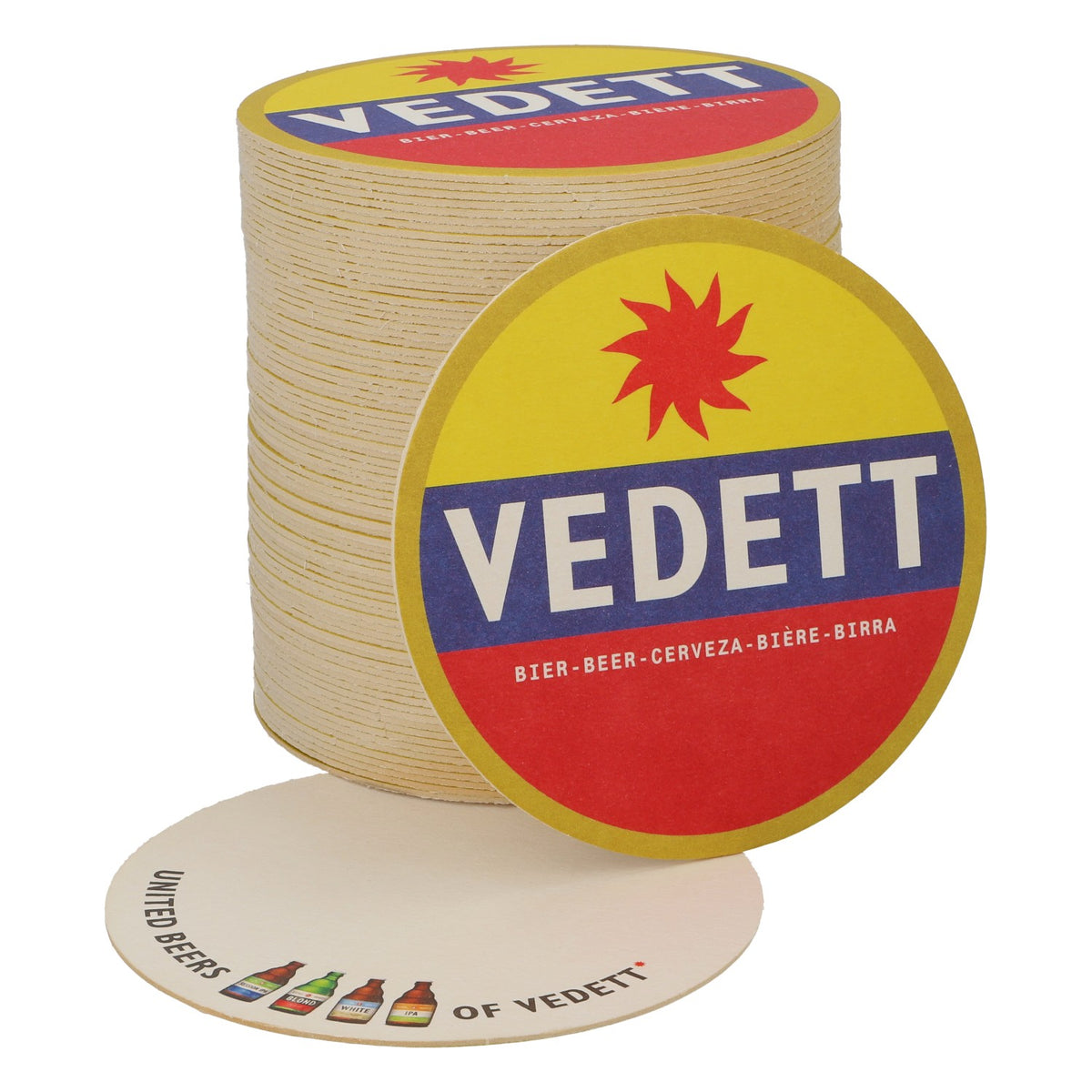 80x Vedett Bier Bierdeckel Untersetzer Glasuntersetzer Geld/ blau/ rot