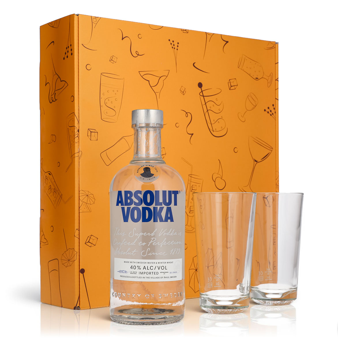 Absolut Vodka Geschenkset 0,7l Flasche 40 % Vol. + Gläser Grcic–Orange