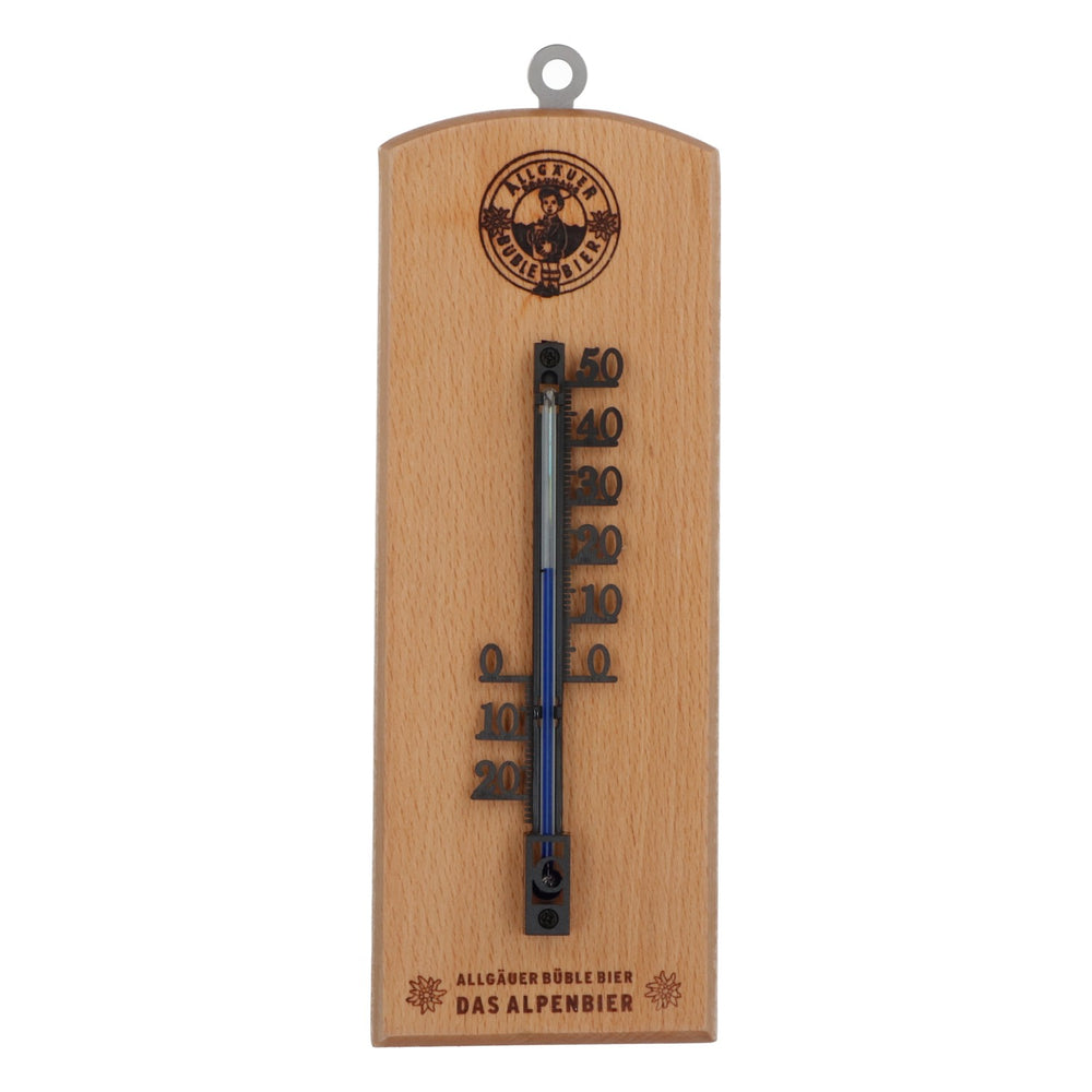 Allgäuer Brauhaus Büble Außen / Innen Thermometer auf Buchenholzsockel