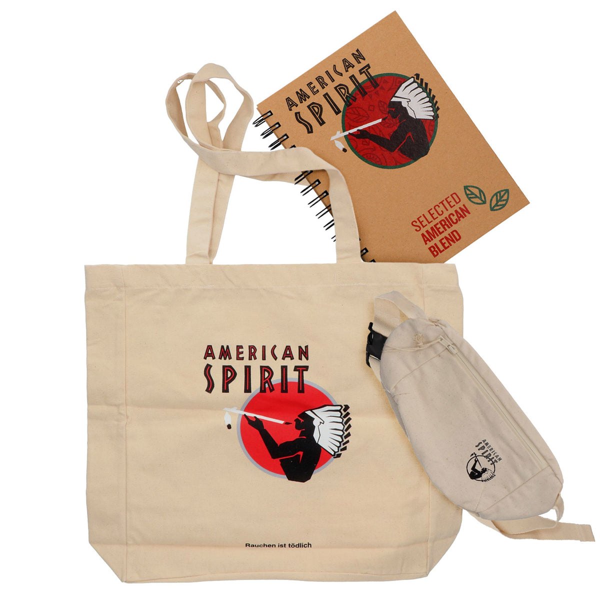 American Spirit Fan Bundle Set aus Bauchtasche Jutebeutel Notizblock