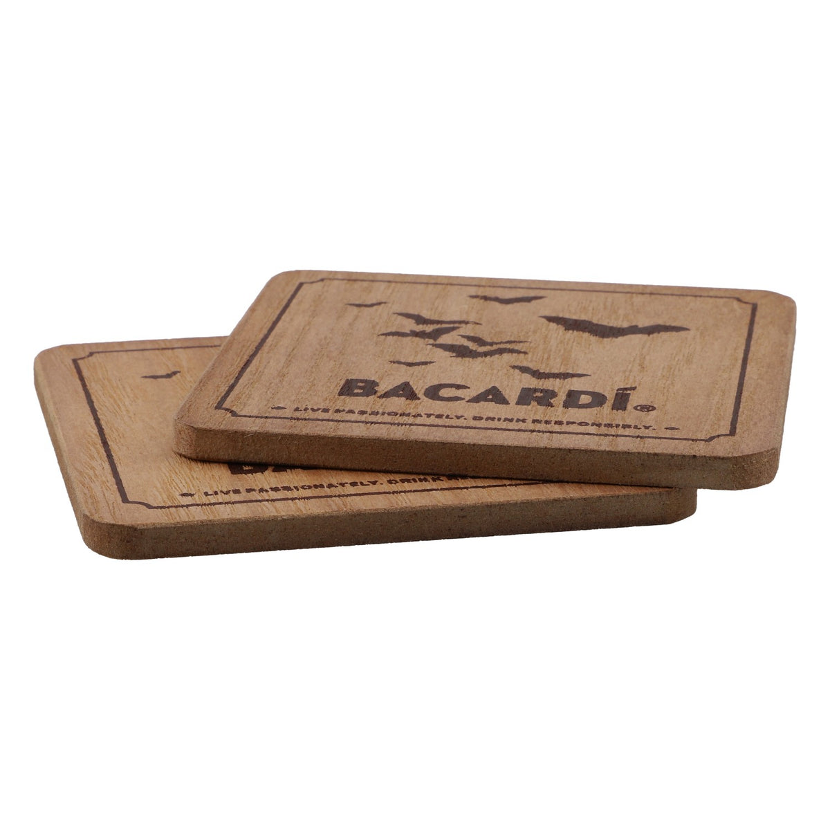 Bacardi Oakheart 2er SET Echtholz-Glasuntersetzer "Fledermäuse"