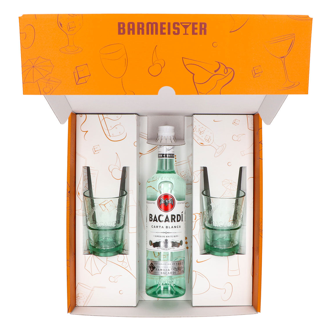Bacardi Rum Geschenkset 0,7l Flasche 37,5 % Vol. + Longdrink Gläser Palme–orange – Ansicht 5