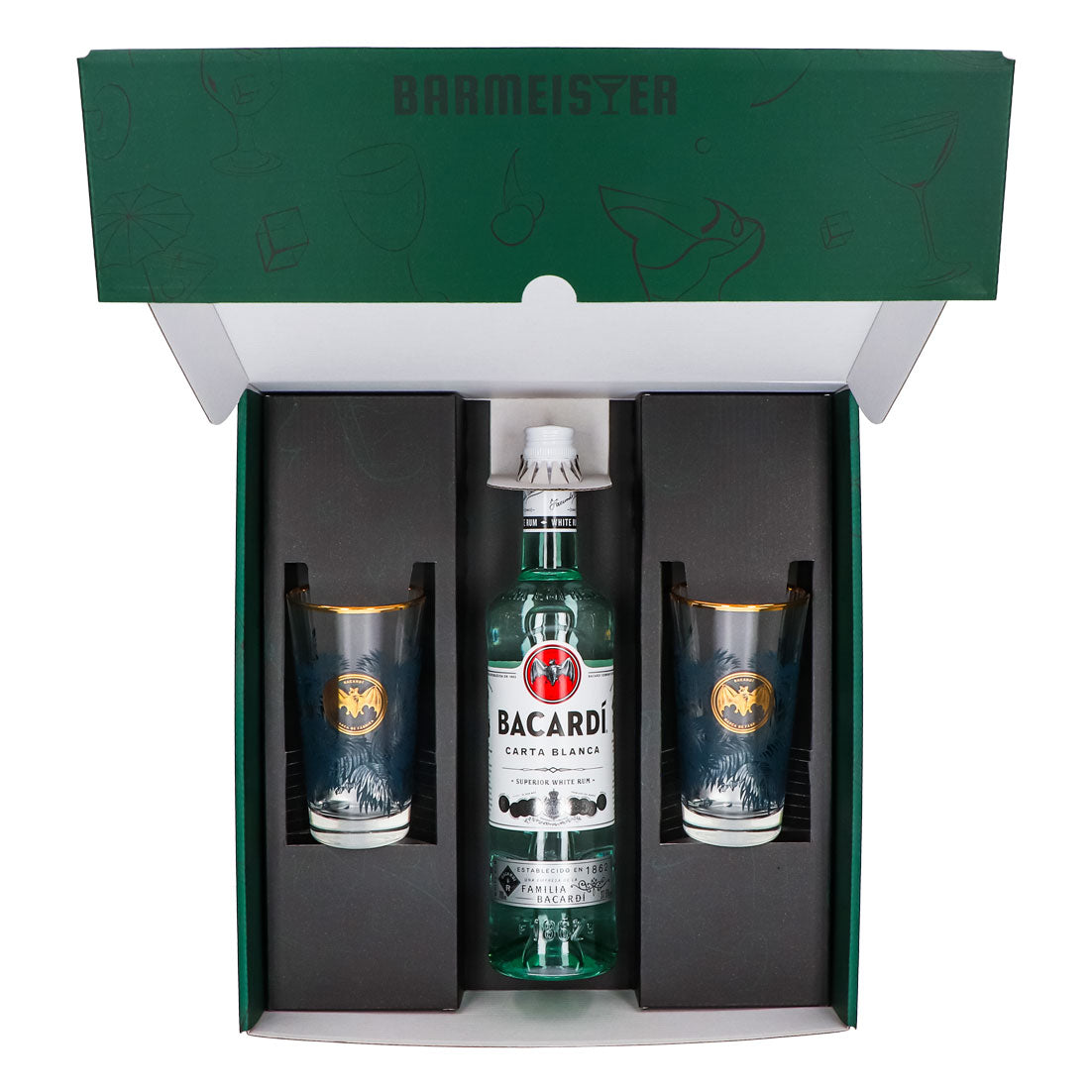 Bacardi Rum Geschenkset 0,7l Flasche 37,5 % Vol. + Longdrink Gläser Goldrand–grün – Ansicht 5