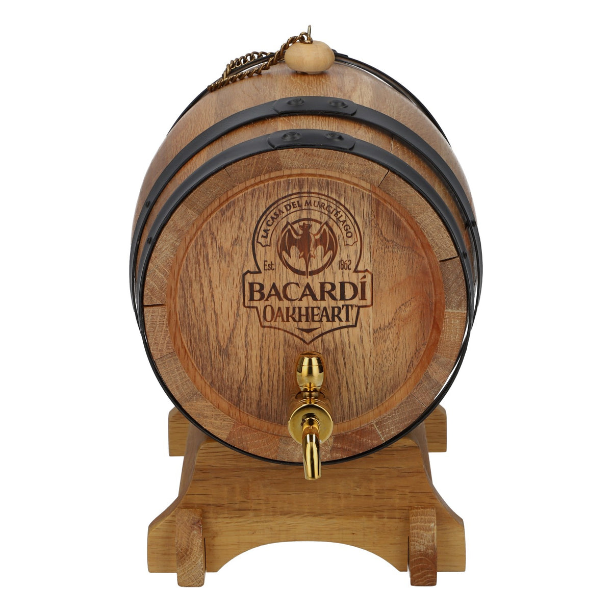 Bacardi Rum Holzfass Set 3l Oakheart Halterung zum Befüllen und Ausschenken – Ansicht 2