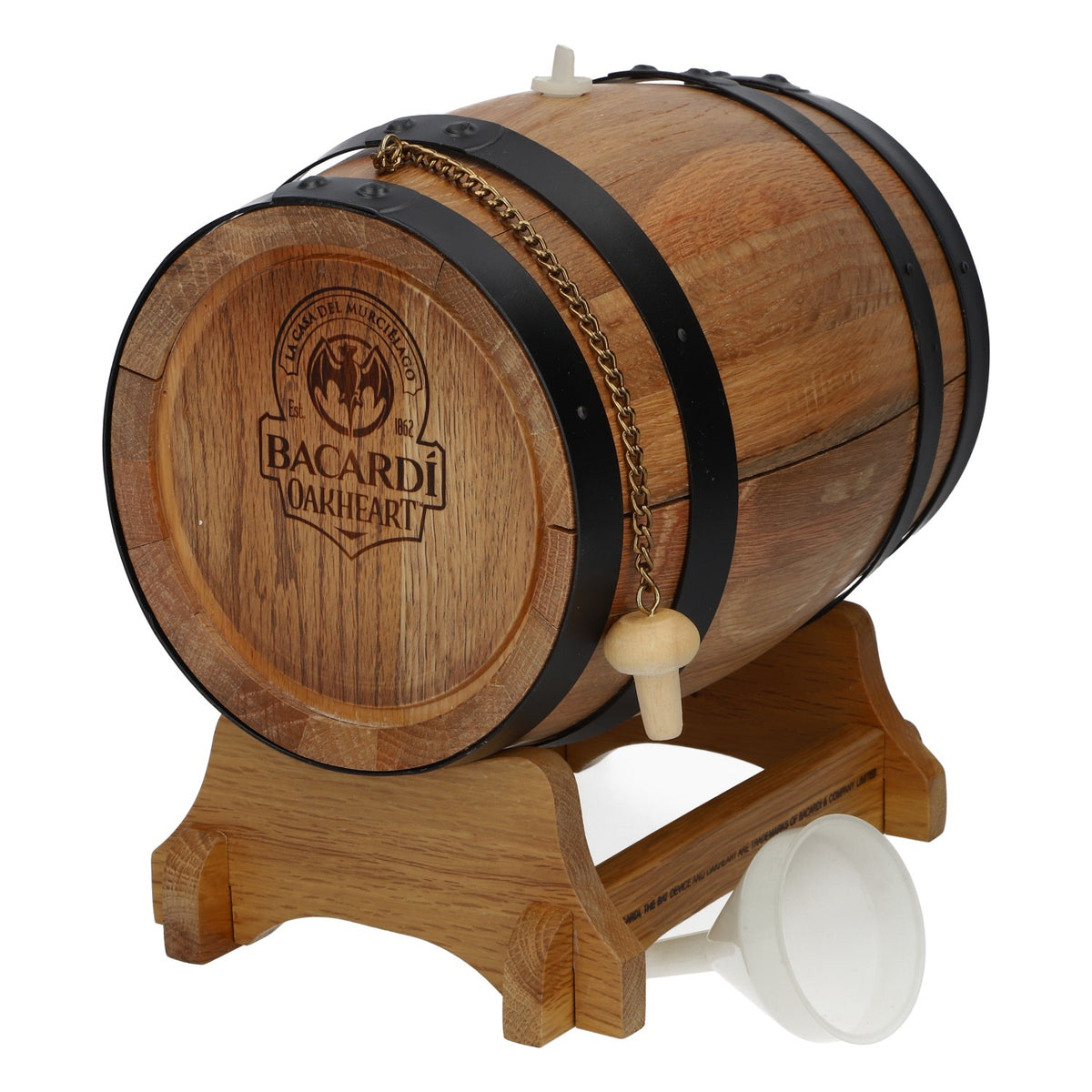 Bacardi Rum Holzfass Set 3l Oakheart Halterung zum Befüllen und Ausschenken – Ansicht 5