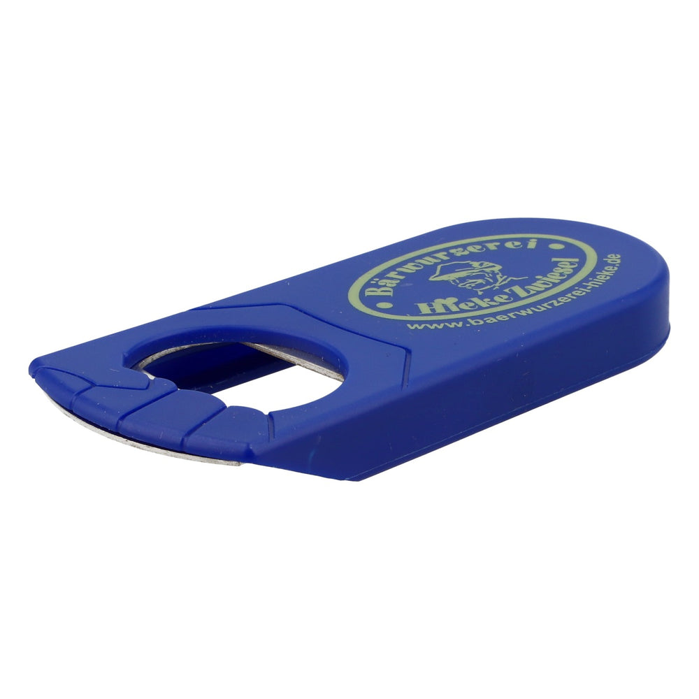 Bärwurzerei Hieke Zwiesel Likör Flaschenöffner Kapselheber Blau Logo gelb