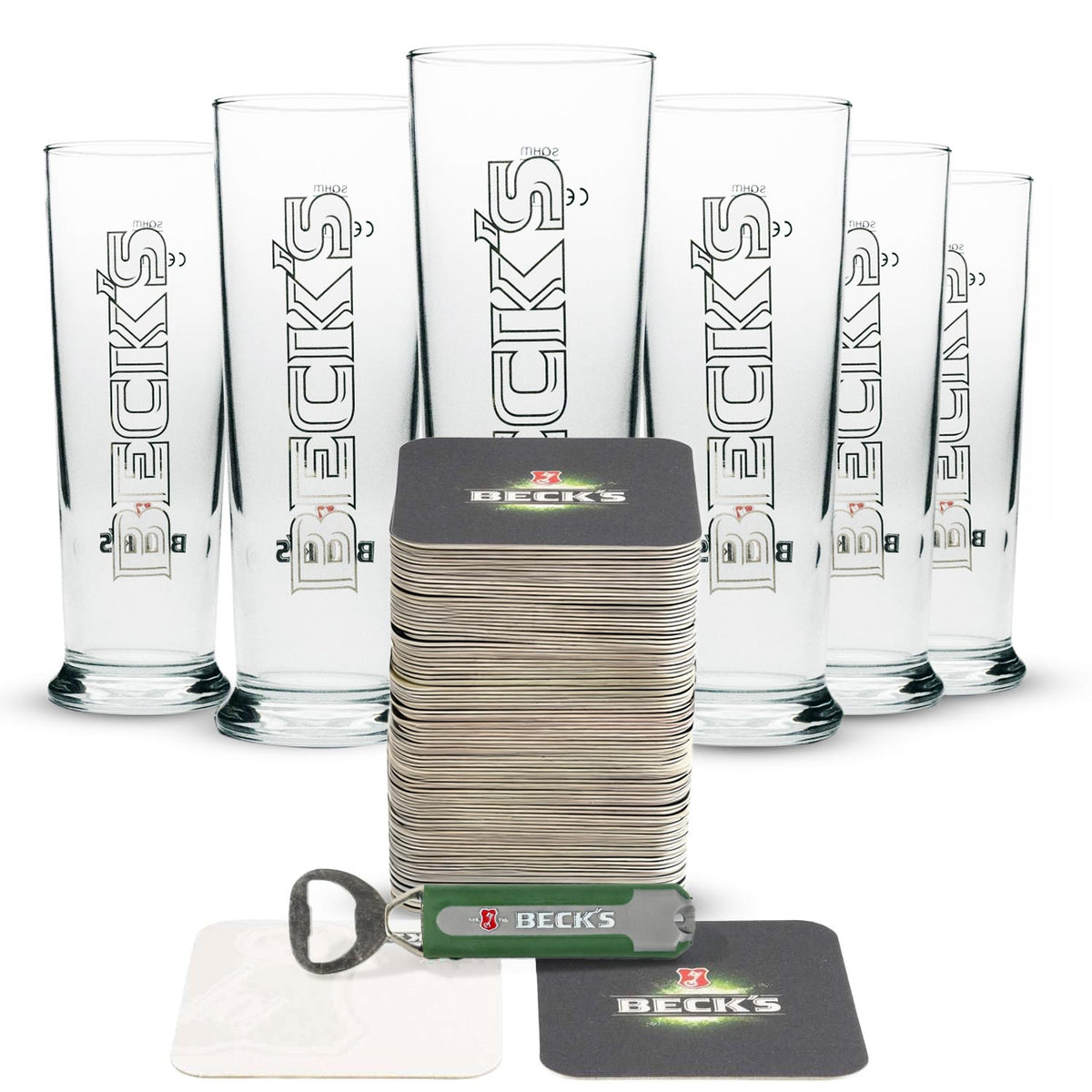 Becks Bier Bar Bundle Set I aus 6 x Biergläser Bierdeckel Flaschenöffner