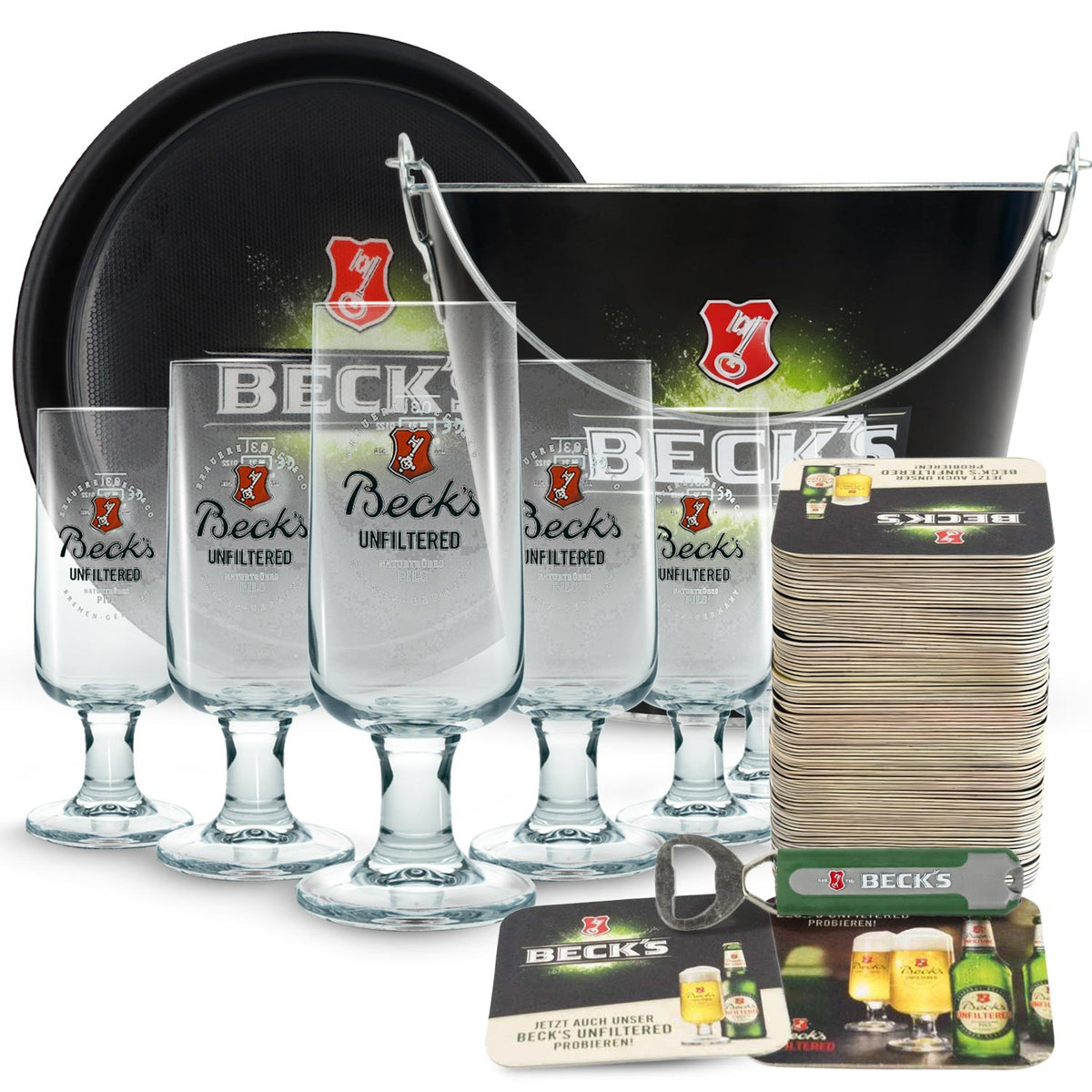 Becks Bier Bar Bundle Set I aus 6 x Biergläser Bierdeckel Kühler Öffner Tablett