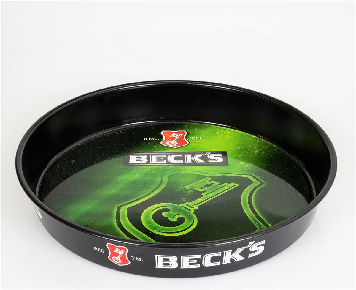 Becks Bier Tablett Serviertablett Kellnertablett Metall Grün hoher Rand