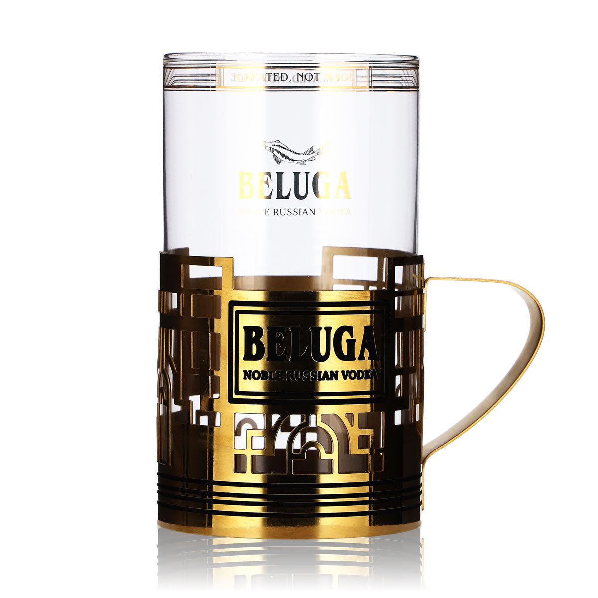 Beluga Vodka Glas 0,28l Becher Highball Glas im goldenem Henkel-Glashalter