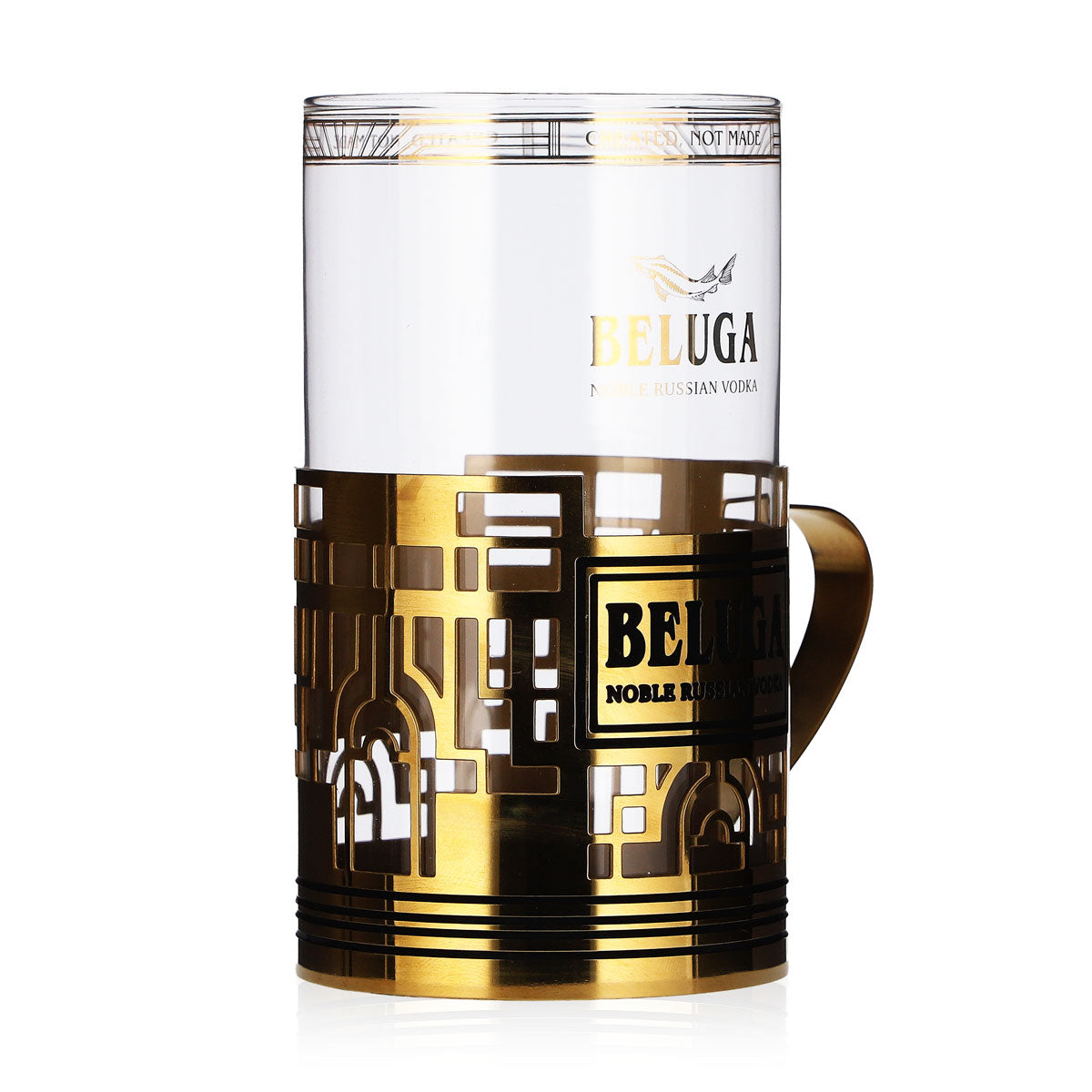 Beluga Vodka Glas 0,28l Becher Highball Glas im goldenem Henkel-Glashalter – Ansicht 2