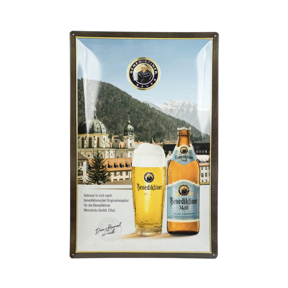 Benediktiner Bier Blechschild "Hell" 60x41cm Tafel Emaille Style Glas Deko Wand