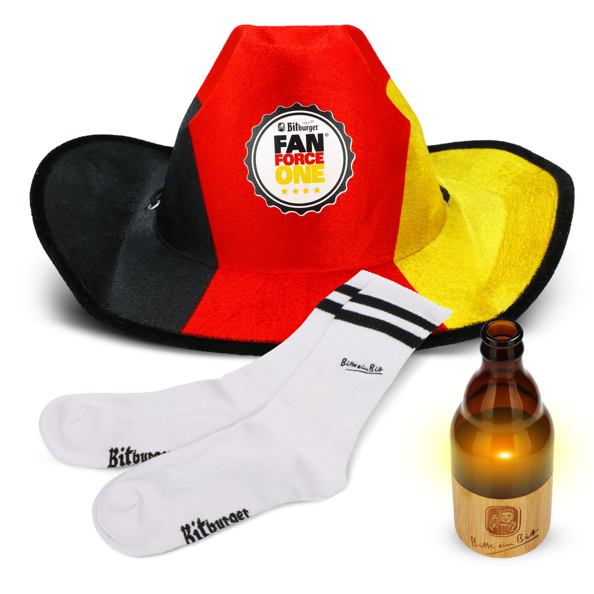 Bitburger Bier Bundle Fan Set aus LED Lampe Cowboy Hut und Socken 39-42